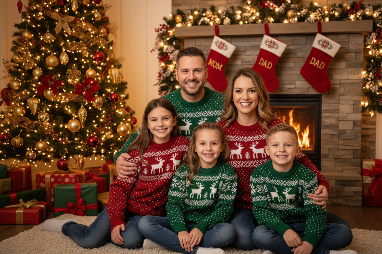Christmas family wearing sweater