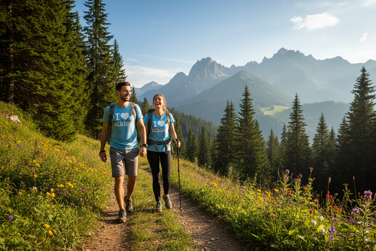 man and women hiking wearing couple tshirt print quotes I love hiking